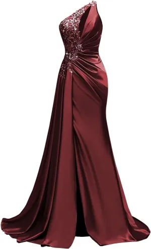 One Shoulder Satin Prom Dresses Beaded Formal Dress Mermaid Evening Party Dresses Long for Women with Slit