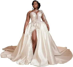 One Shoulder Satin Wedding Dresses Long Sleeve Mermaid Crystals Beaded Bridal Wedding Gowns with Slit