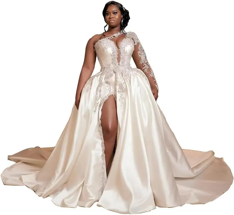 One Shoulder Satin Wedding Dresses Long Sleeve Mermaid Crystals Beaded Bridal Wedding Gowns with Slit