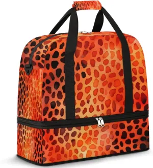 Orange Leopard Skin Foldable Duffle Bag with Shoes Compartment Large Capacity Waterproof Travel Weekender Bag Overnight Bag for Sports Gym