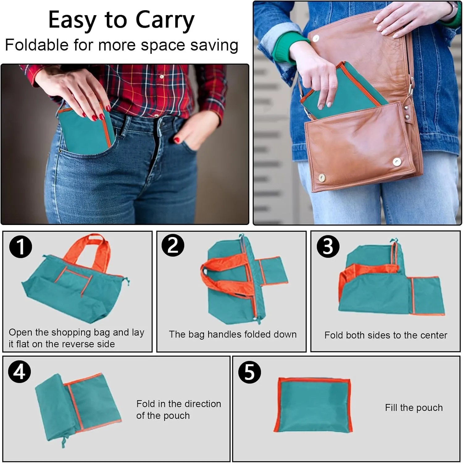 OSAGIE Reusable Grocery Bag Foldable Shopping Bag with Pocket Extra Wide Handle Portable Durable Washable Tote Bags for Women