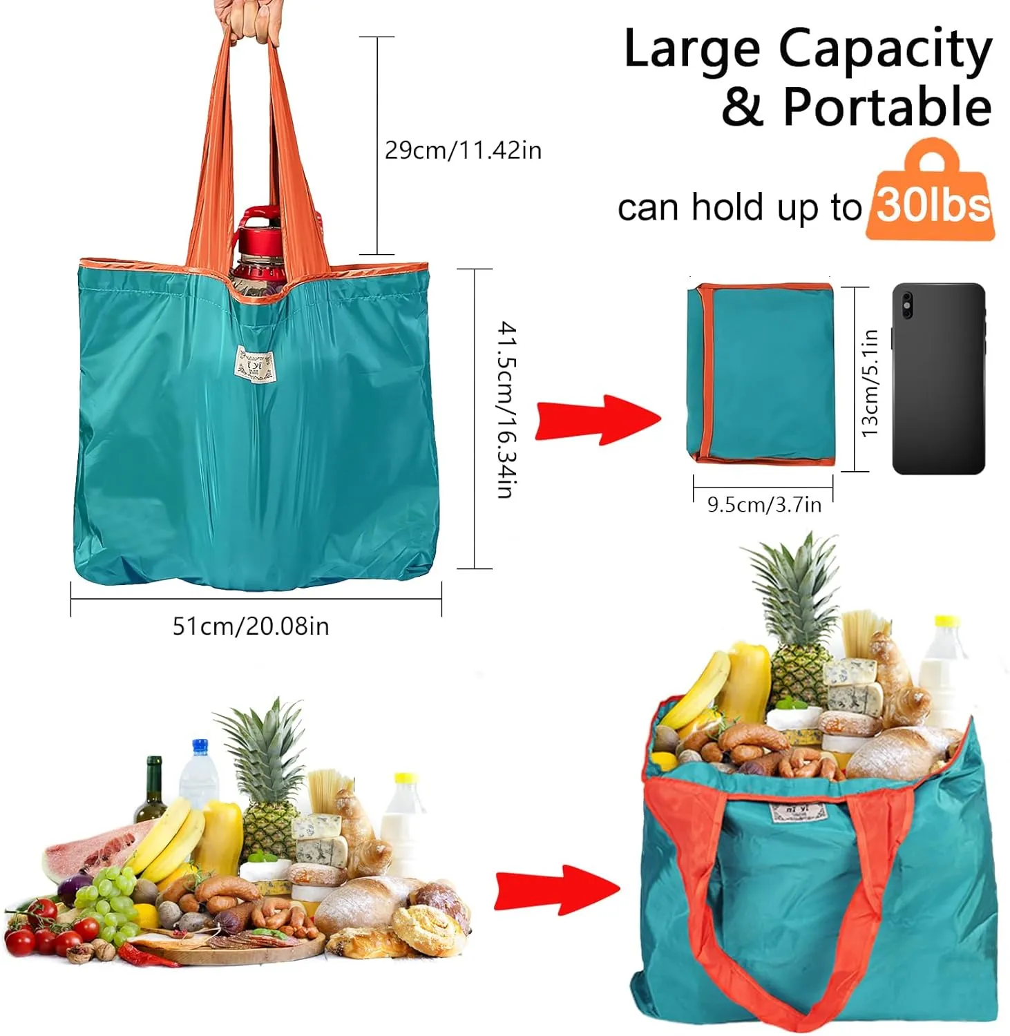 OSAGIE Reusable Grocery Bag Foldable Shopping Bag with Pocket Extra Wide Handle Portable Durable Washable Tote Bags for Women