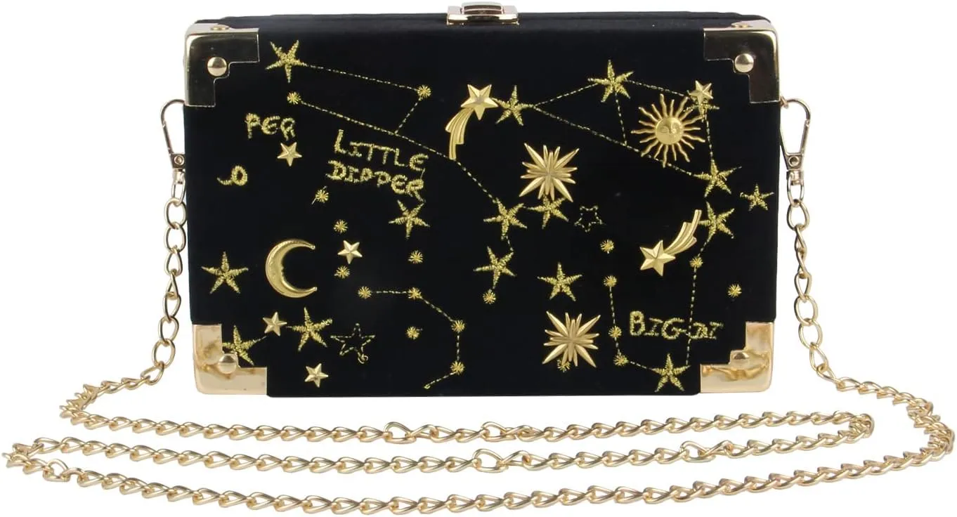 Oweisong Women Velvet Box Shape Evening Handbag Party Embroidery Star Moon Clutch Bag Elegant Crossbody Shoulder Purse