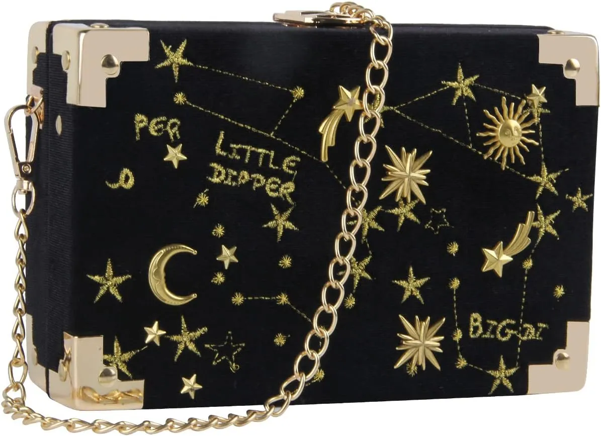 Oweisong Women Velvet Box Shape Evening Handbag Party Embroidery Star Moon Clutch Bag Elegant Crossbody Shoulder Purse