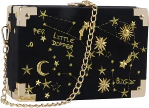 Oweisong Women Velvet Box Shape Evening Handbag Party Embroidery Star Moon Clutch Bag Elegant Crossbody Shoulder Purse