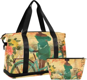 Paris Vintage Duffel Gym Bag for Women Sports Travel Duffel Bag Weekend Bag with Shoe Compartment Weekend Travel Bag for Gym Women