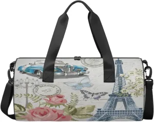 Paris Vintage Postcard Sports Duffel Bag, Gym Tote Bag Waterproof Weekender Travel Bag for Overnight Travel Luggage Workout Women Men