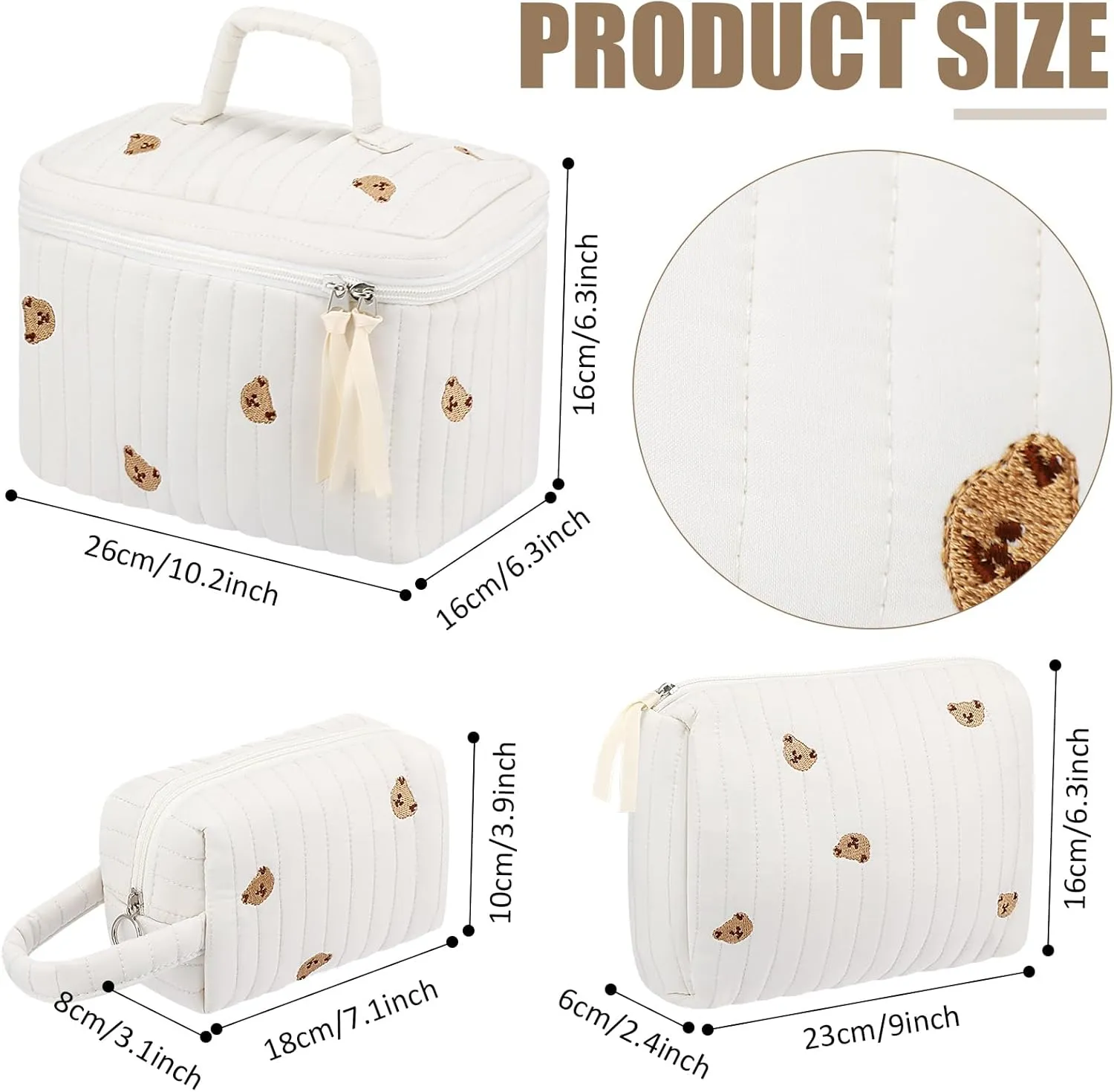 Paterr 3 Pieces Cotton Quilted Makeup Bag Set Coquette Cosmetic Bag Aesthetic Travel Toiletry pouch Cute Pouch Kawaii Aesthetic for Women(White,Little Bear)