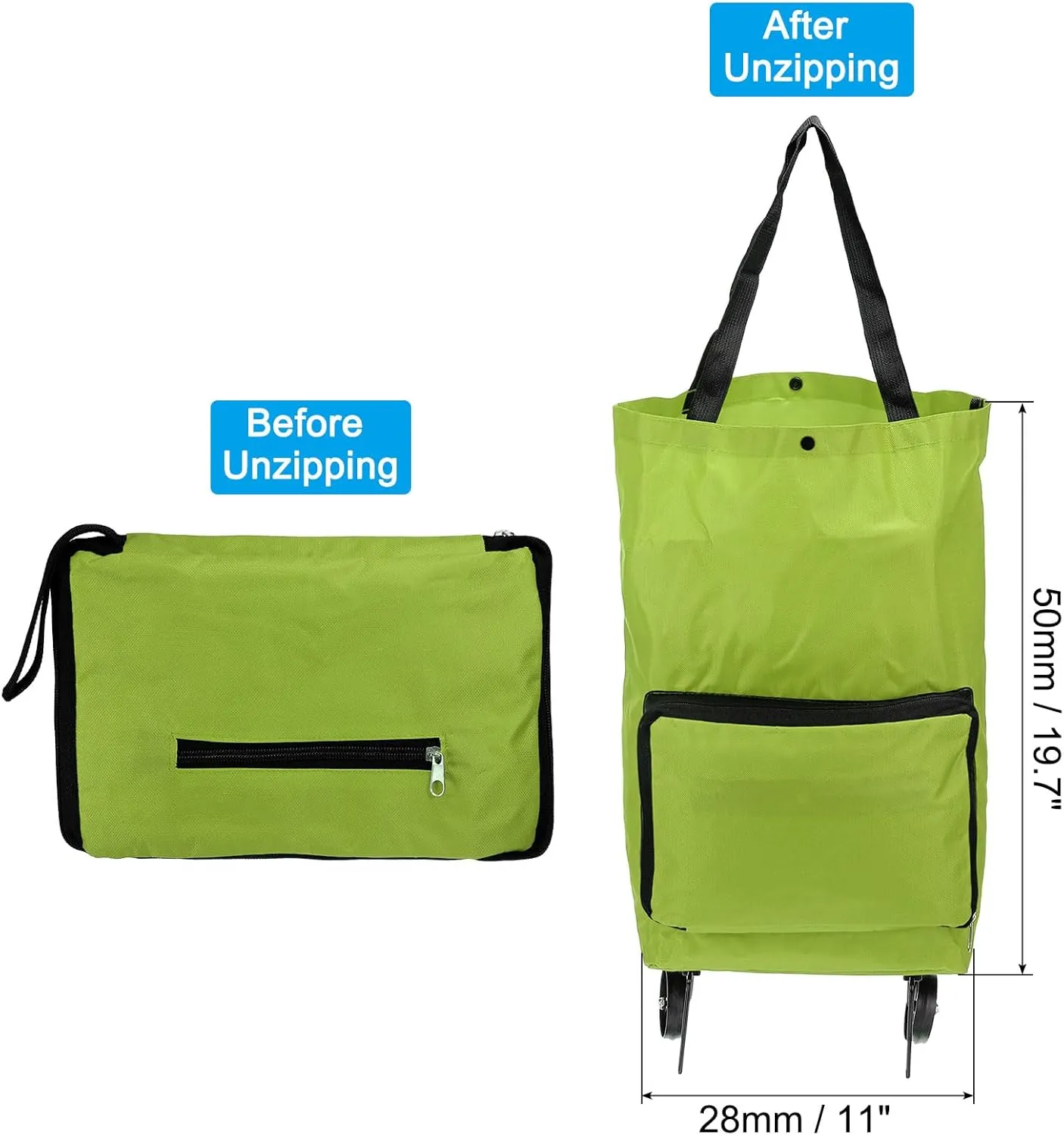 PATIKIL 13-18 Inch Foldable Shopping Cart, Collapsible Trolley Bags Reusable Shopping Bags Grocery Bags with Wheels for Vegetable Fruit Clothing Storage, Green