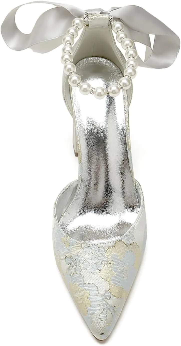 Pearl Bridal Silk Wedding Shoes Buckle Pointed Toe Women Satin Pumps High Heel Prom Shoes