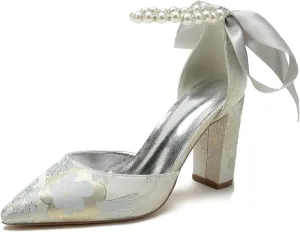 Pearl Bridal Silk Wedding Shoes Buckle Pointed Toe Women Satin Pumps High Heel Prom Shoes