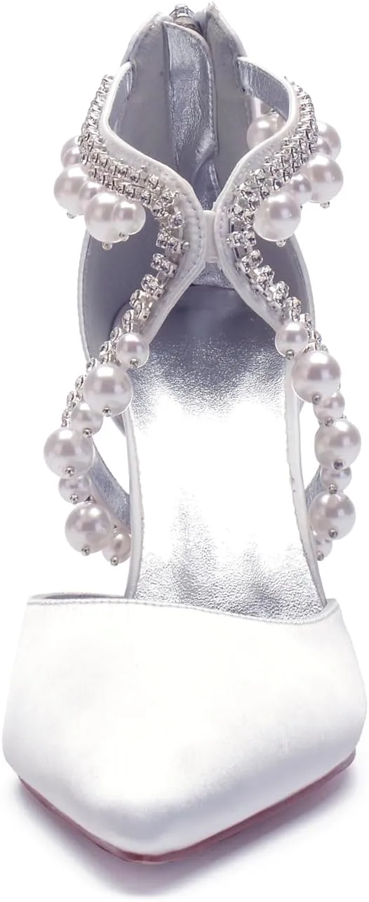 Pearl Mid Heel Shoes for Women Pointed Toe Straps Rhinestone Satin Wedding Bridal Evening Party Dress Shoes