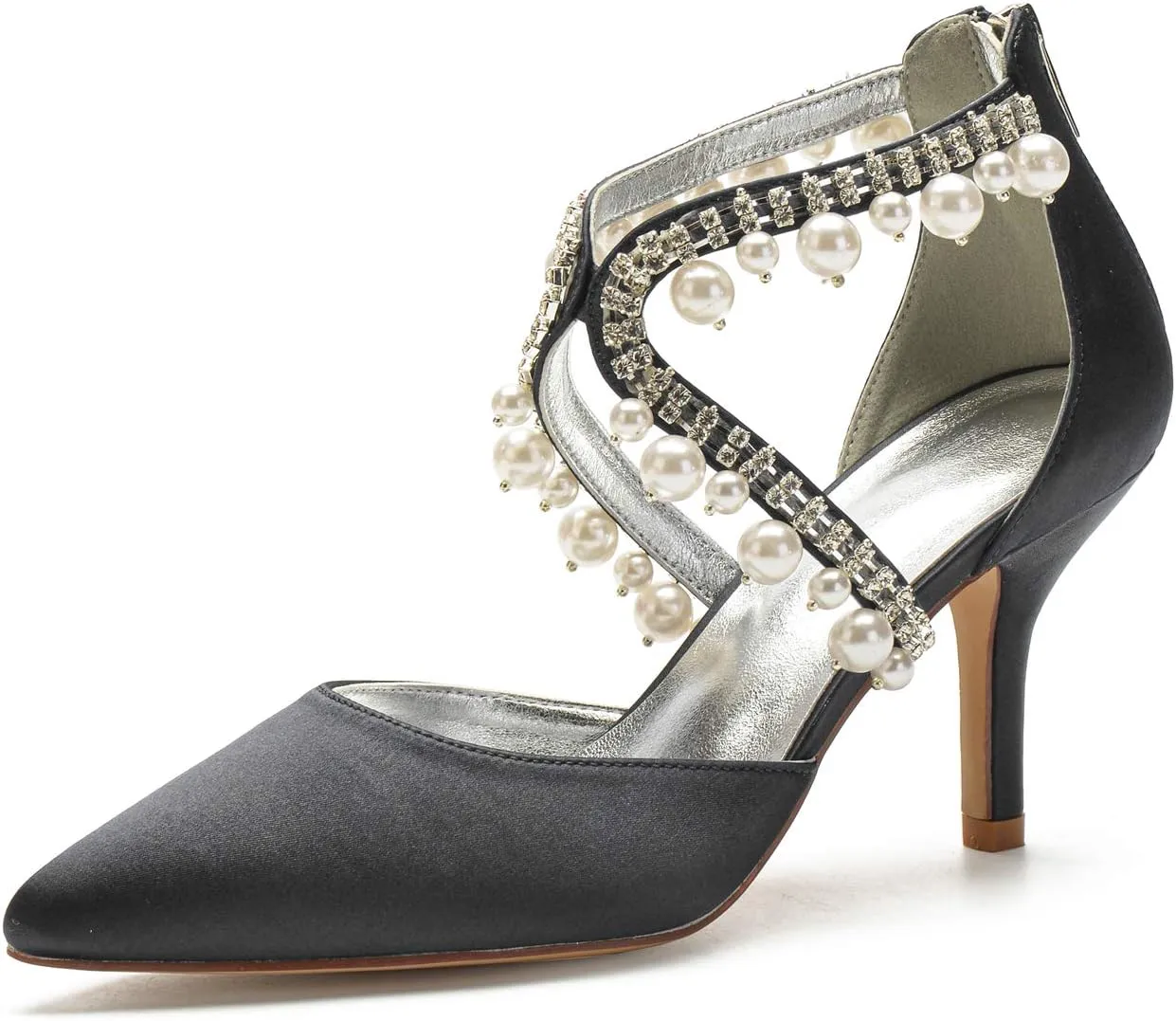 Pearl Mid Heel Shoes for Women Pointed Toe Straps Rhinestone Satin Wedding Bridal Evening Party Dress Shoes