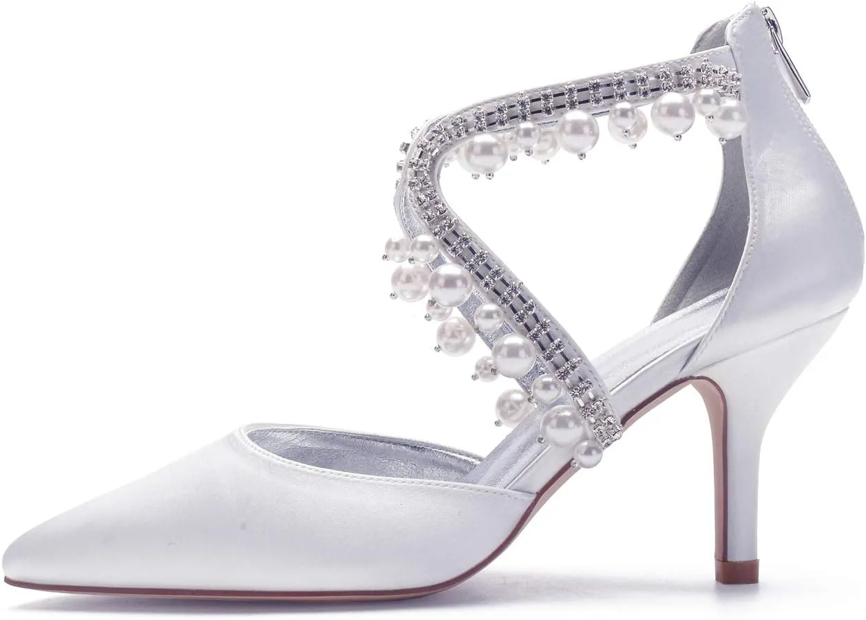 Pearl Mid Heel Shoes for Women Pointed Toe Straps Rhinestone Satin Wedding Bridal Evening Party Dress Shoes