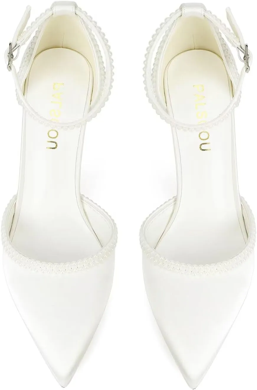 Pearl Wedding Shoes for Bride Closed Toe Bridal Shoes High Heel Ankle Strap Wedding Heels