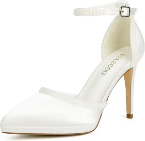 Pearl Wedding Shoes for Bride Closed Toe Bridal Shoes High Heel Ankle Strap Wedding Heels