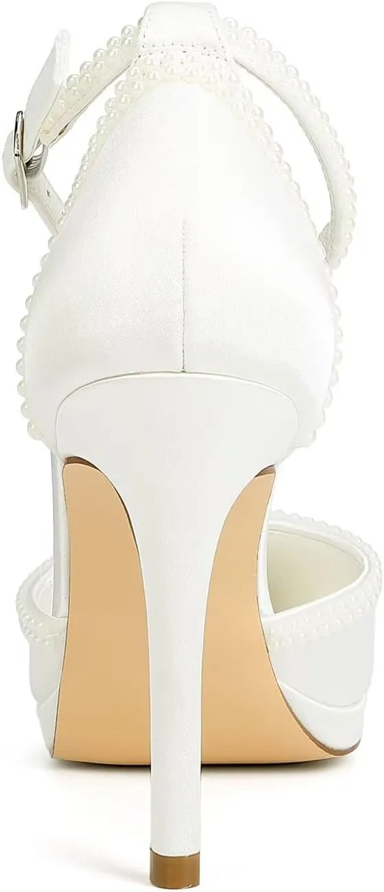 Pearl Wedding Shoes for Bride Closed Toe Bridal Shoes High Heel Ankle Strap Wedding Heels