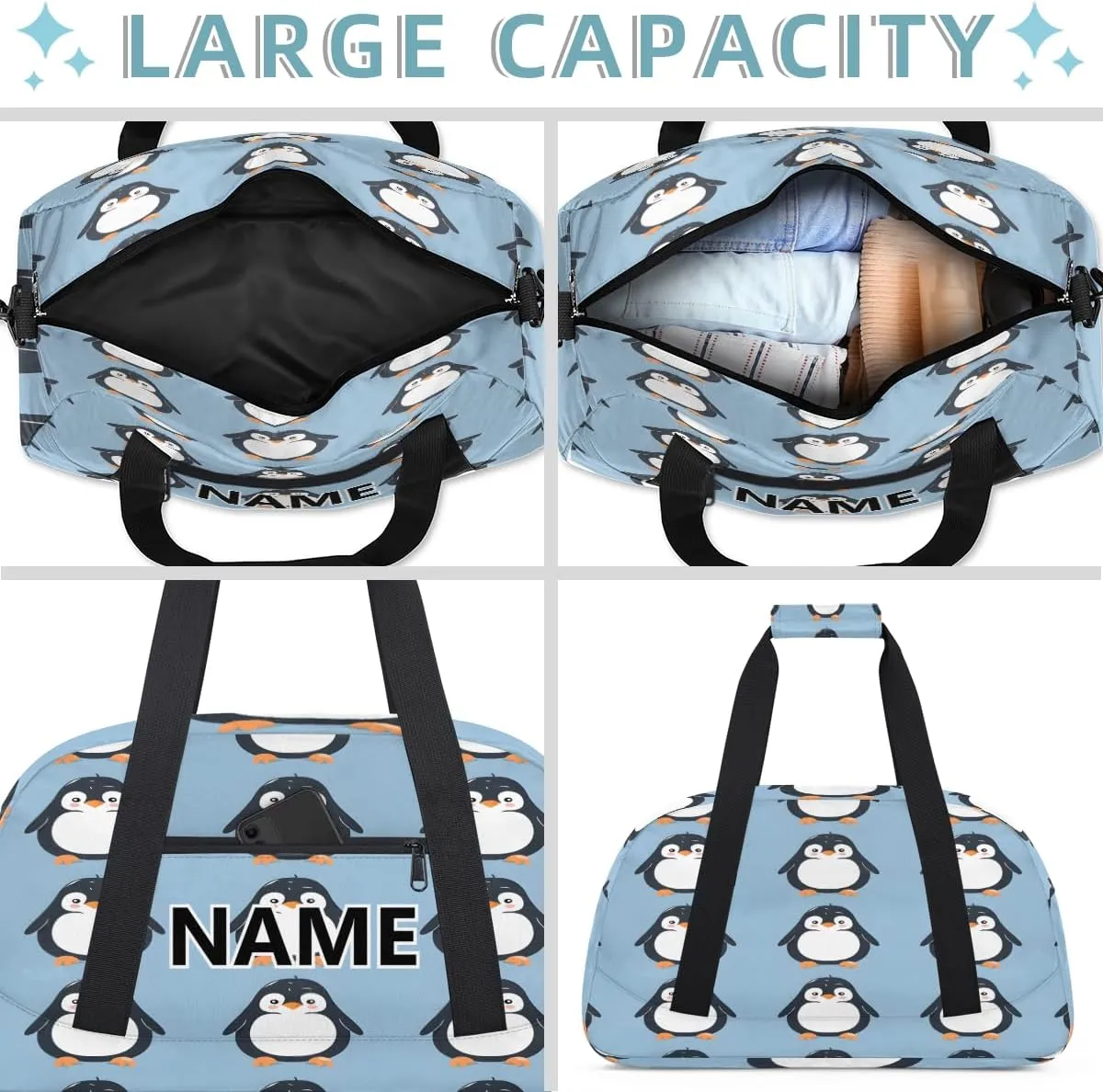 Penguin Custom Small Gym Bag 18 inch for Women Men Personalized Cute Carry On Overnight Weekender Bag for Travel Work Dance Sport