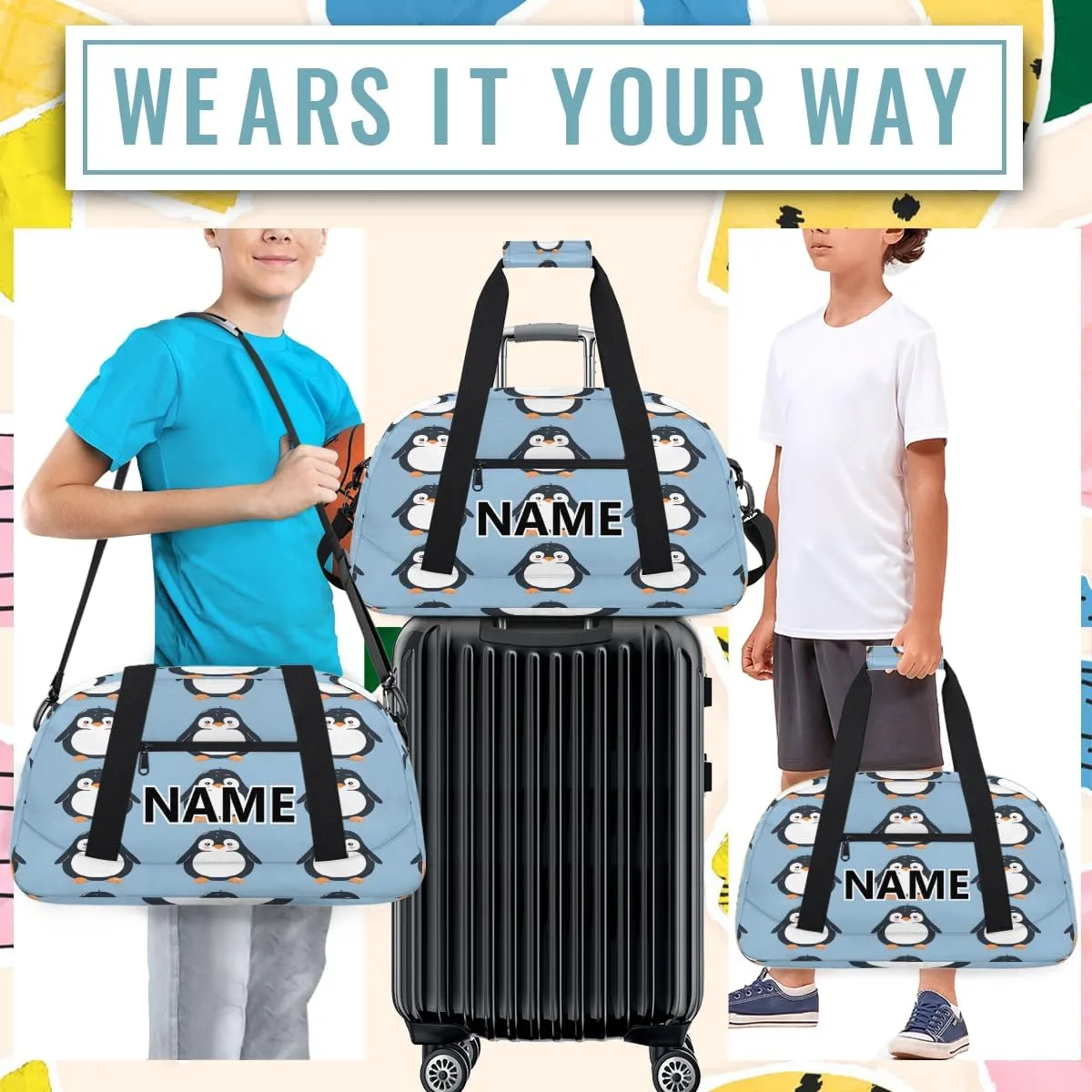 Penguin Custom Small Gym Bag 18 inch for Women Men Personalized Cute Carry On Overnight Weekender Bag for Travel Work Dance Sport