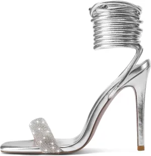 perixir Silver Strappy Heels for Women Sparkly Rhinestone Sexy High Stiletto Lace Up Heels Elegant Dress Summer Sandals