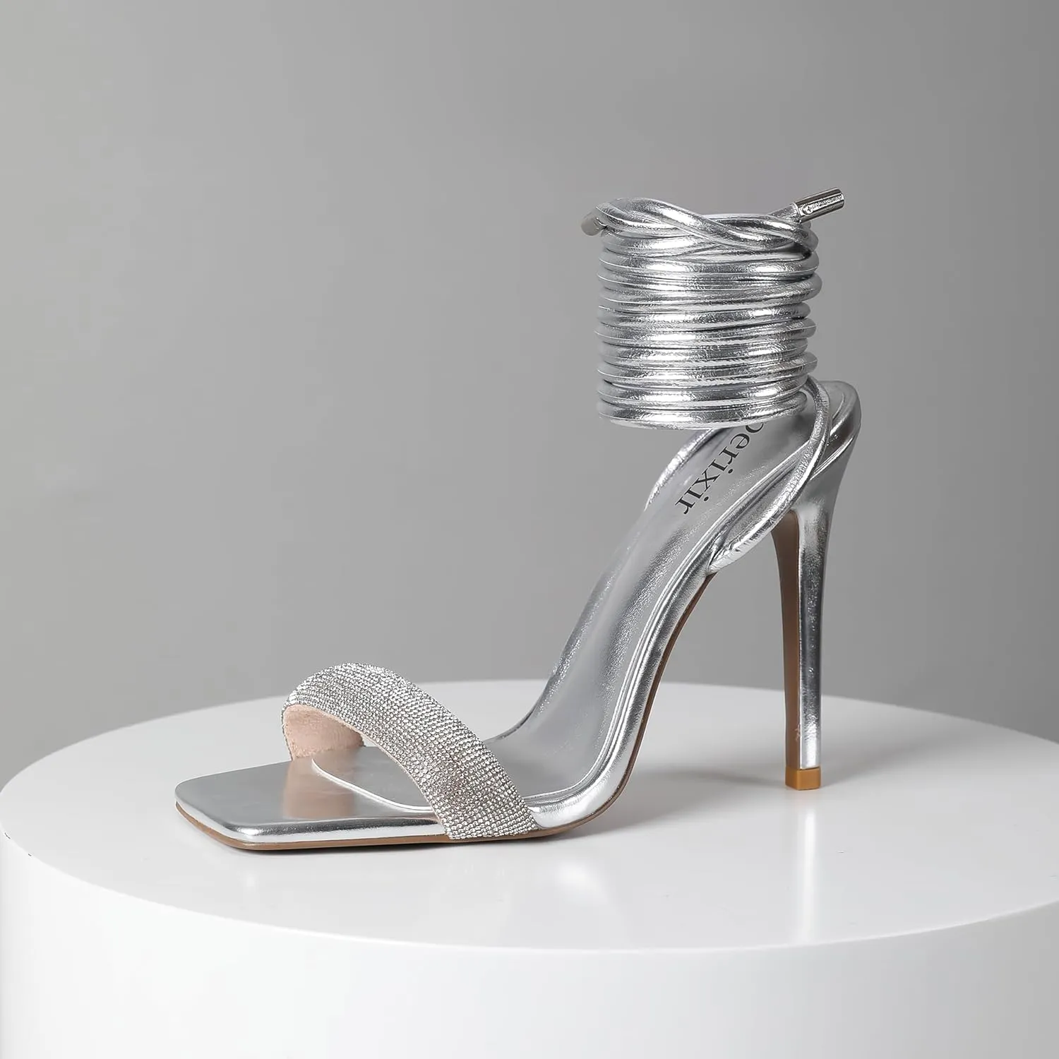 perixir Silver Strappy Heels for Women Sparkly Rhinestone Sexy High Stiletto Lace Up Heels Elegant Dress Summer Sandals