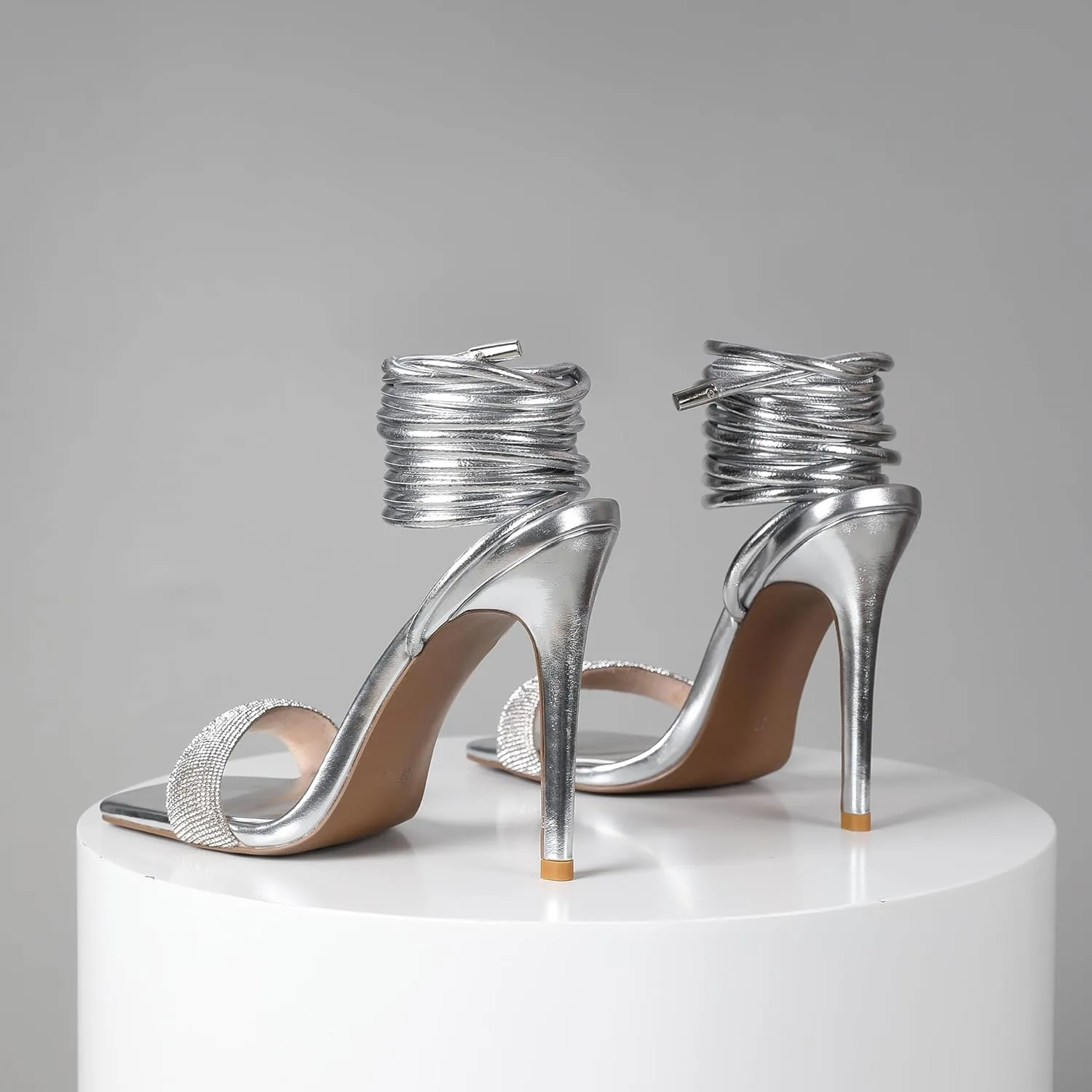 perixir Silver Strappy Heels for Women Sparkly Rhinestone Sexy High Stiletto Lace Up Heels Elegant Dress Summer Sandals