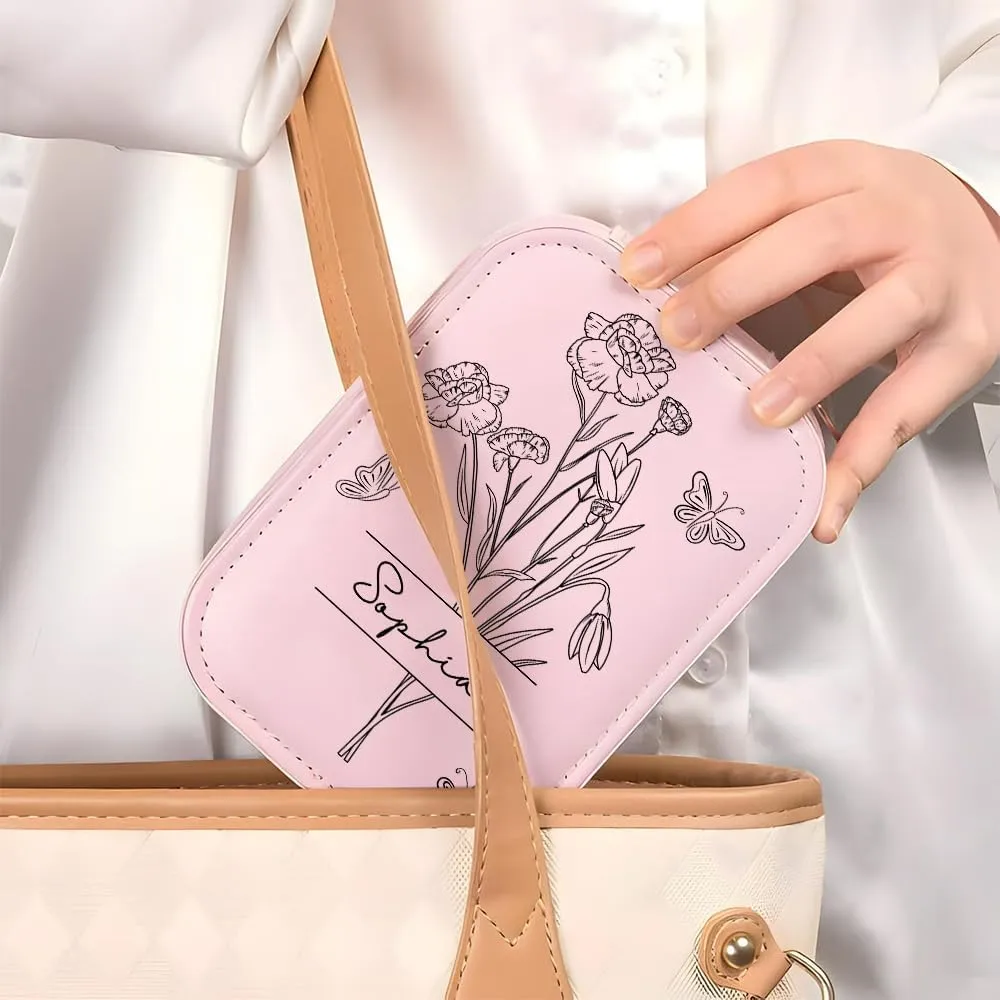 Personalized Birth Month Flower Travel Makeup Bag With LED Mirror Leather, Custom Name Makeup Organizer Portable Jewelry Organizer Case Valentine's, Birthday, Christmas Gifts for Women, Wife, Mother