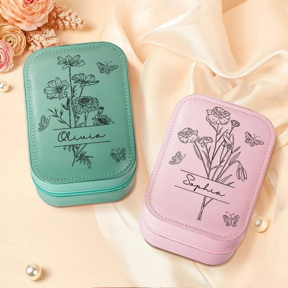 Personalized Birth Month Flower Travel Makeup Bag With LED Mirror Leather, Custom Name Makeup Organizer Portable Jewelry Organizer Case Valentine's, Birthday, Christmas Gifts for Women, Wife, Mother