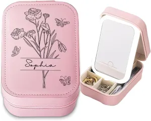 Personalized Birth Month Flower Travel Makeup Bag With LED Mirror Leather, Custom Name Makeup Organizer Portable Jewelry Organizer Case Valentine's, Birthday, Christmas Gifts for Women, Wife, Mother