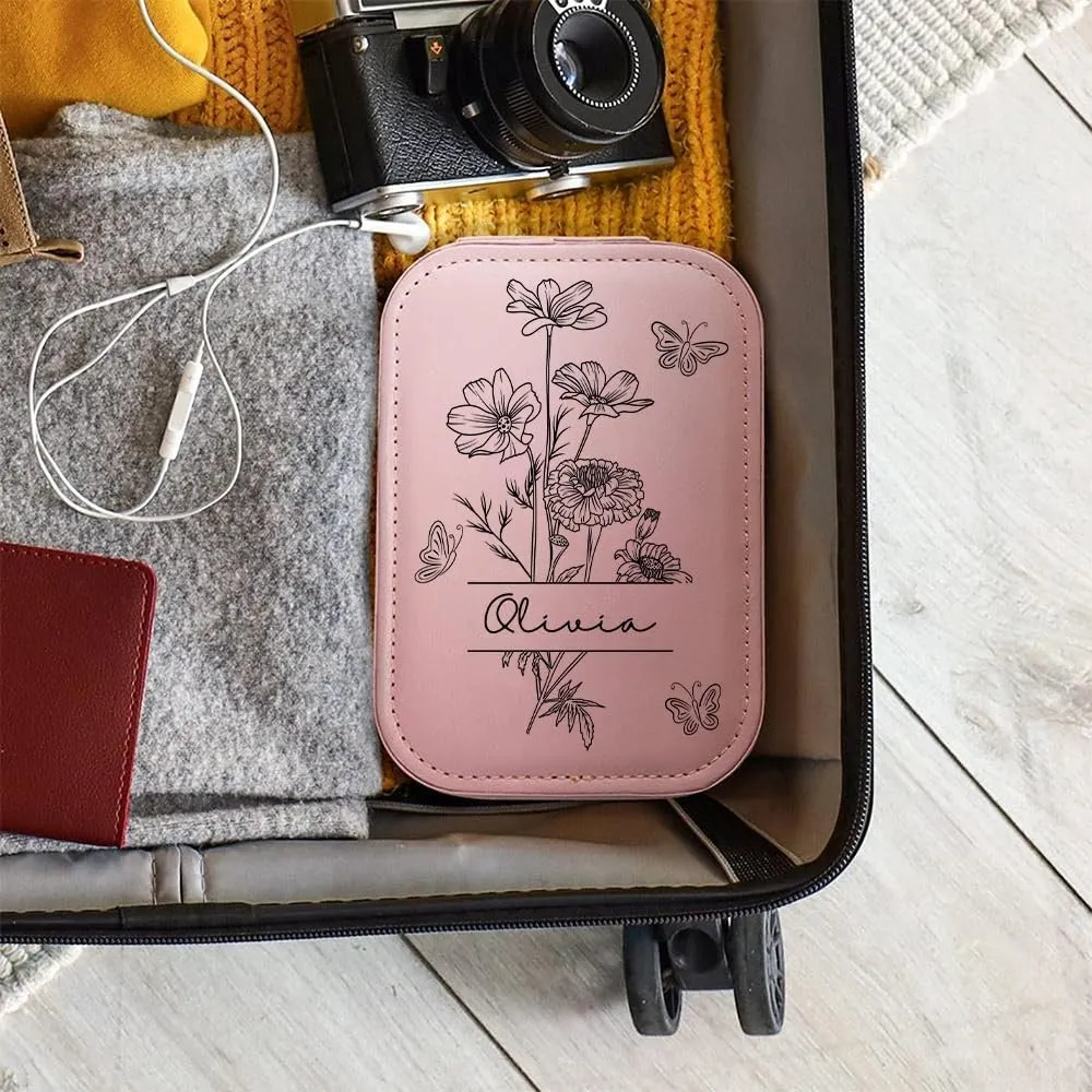 Personalized Birth Month Flower Travel Makeup Bag With LED Mirror Leather, Custom Name Makeup Organizer Portable Jewelry Organizer Case Valentine's, Birthday, Christmas Gifts for Women, Wife, Mother