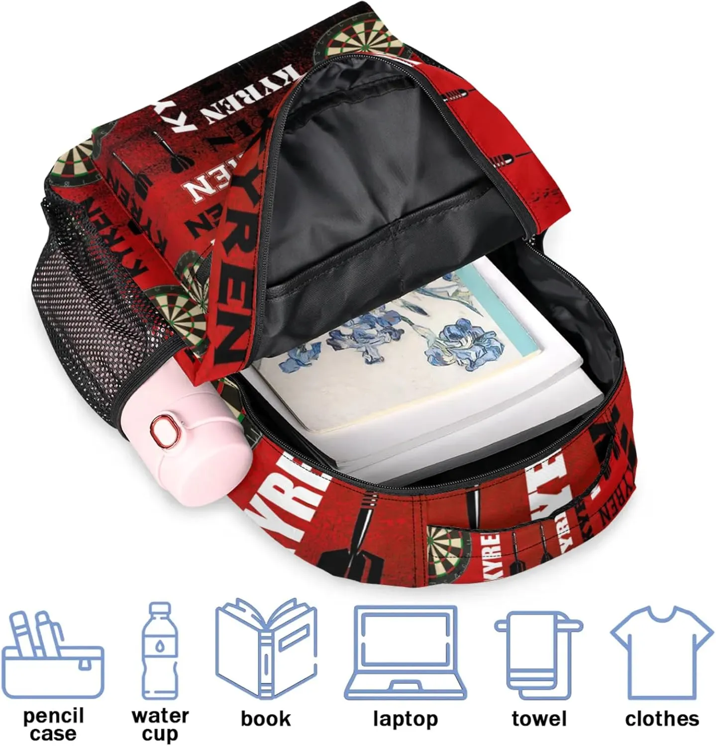Personalized Darts Backpack, Custom Name Sports Bag Backpack for Men Women, Customized Laptop Backpacks Travel Camping Daypack, Black Red