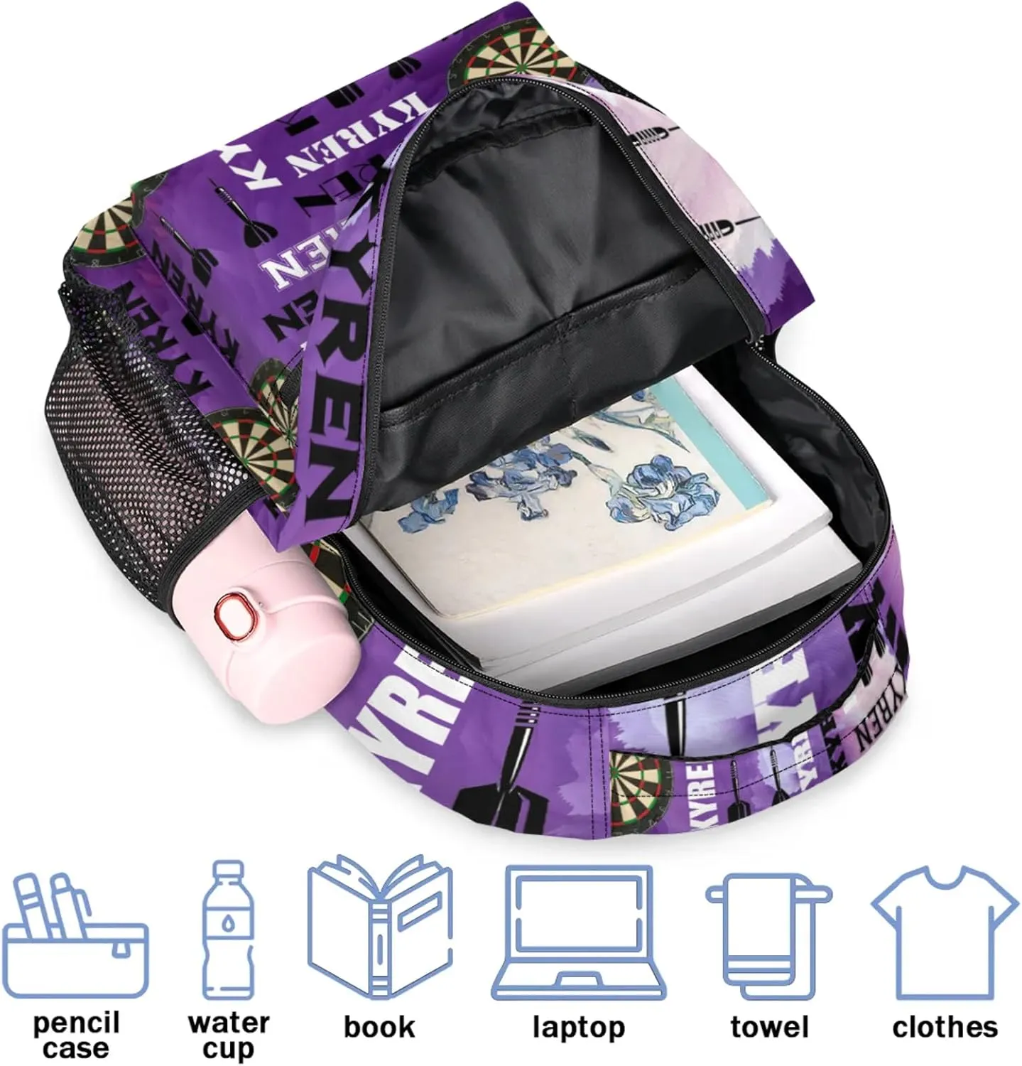 Personalized Darts Backpack with Name, Custom Sports Bag Backpack for Men Women, Customized Laptop Backpacks Travel Camping Daypack, Purple