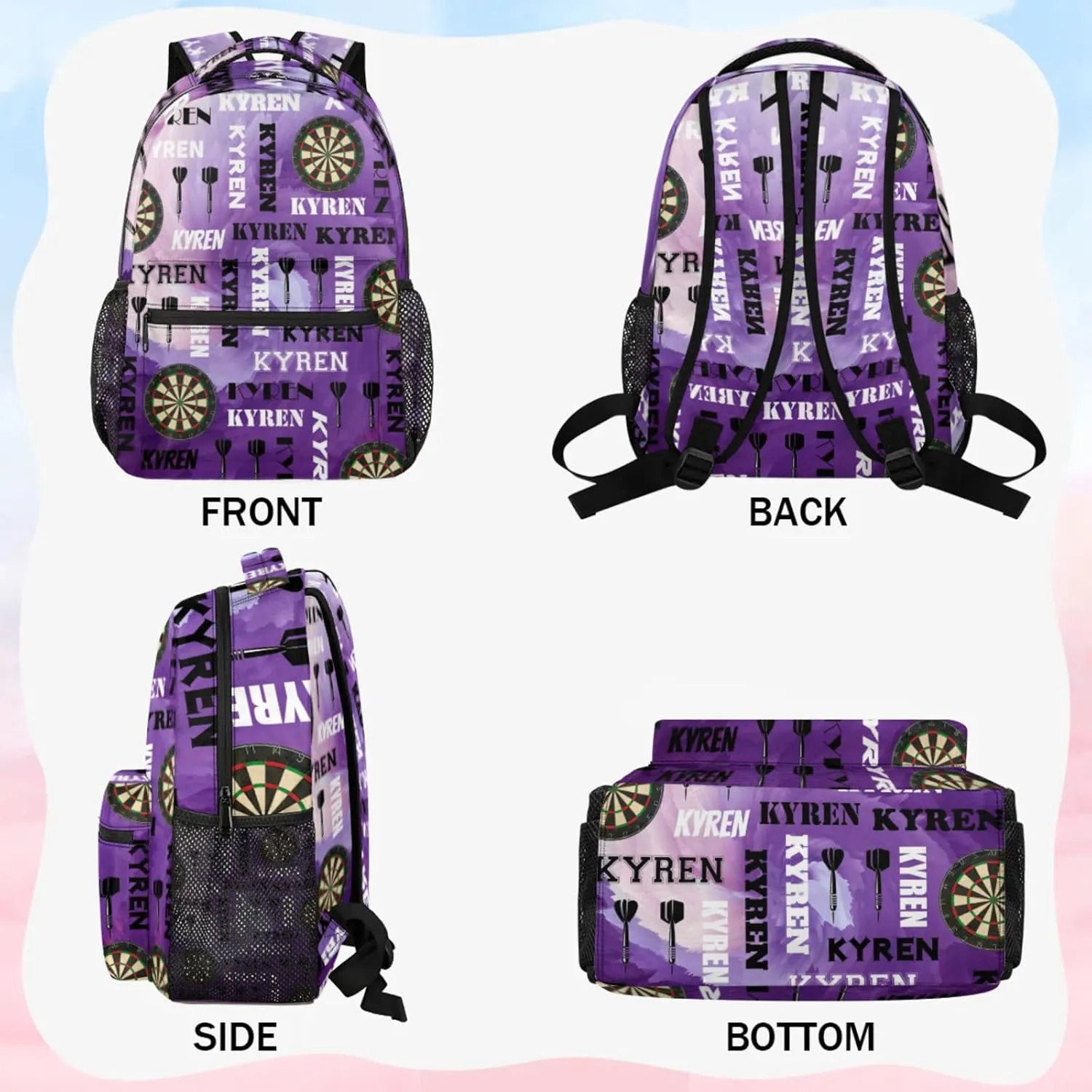 Personalized Darts Backpack with Name, Custom Sports Bag Backpack for Men Women, Customized Laptop Backpacks Travel Camping Daypack, Purple