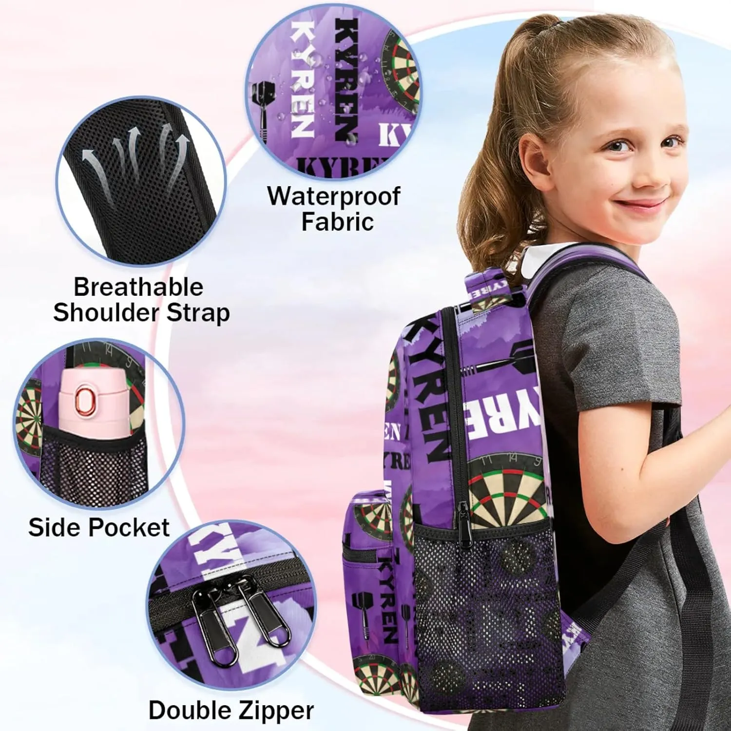 Personalized Darts Backpack with Name, Custom Sports Bag Backpack for Men Women, Customized Laptop Backpacks Travel Camping Daypack, Purple