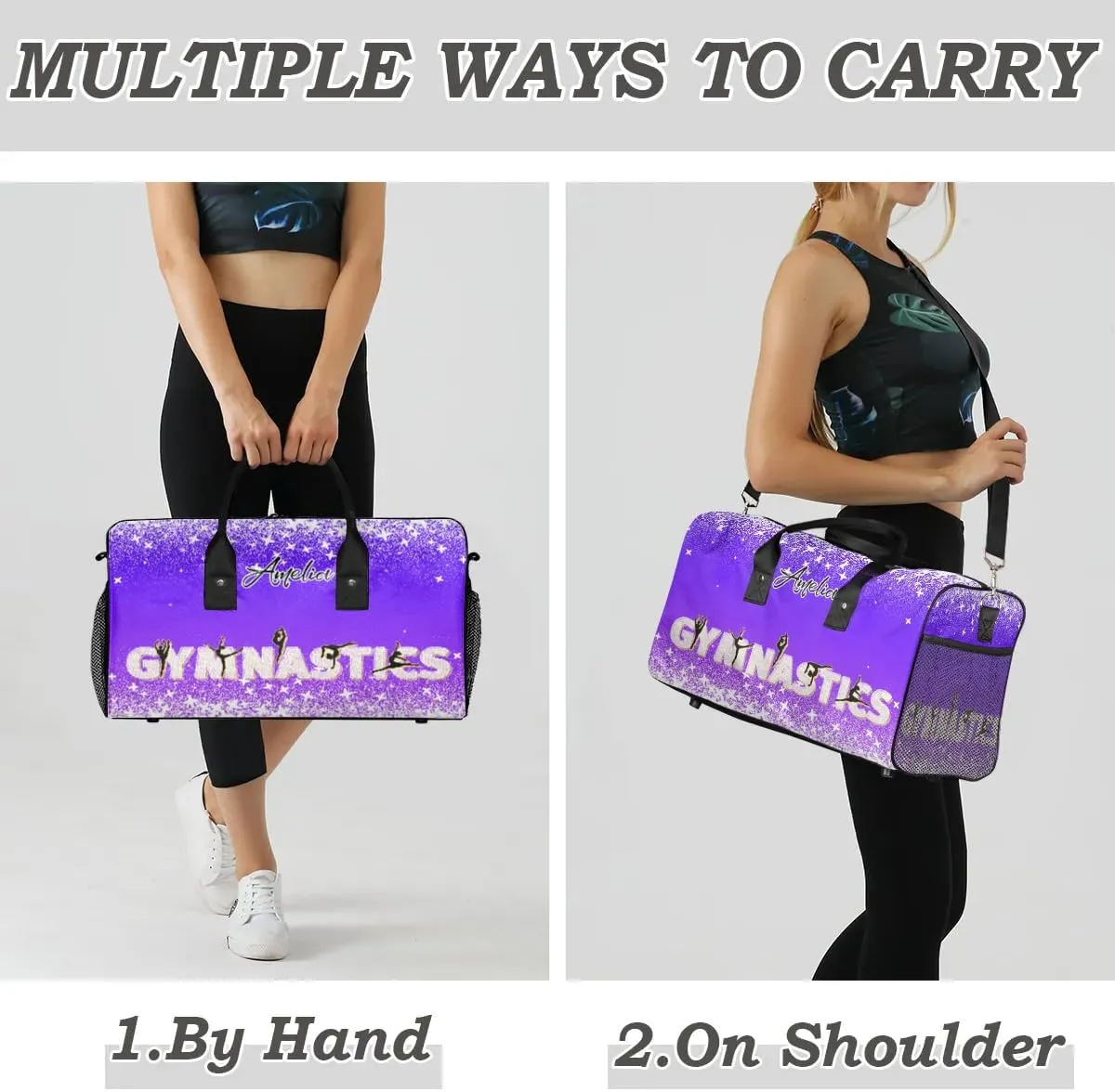 Personalized Gymnastics Bag Custom Sport Duffel Bag Large Gym Bag Gymnastics Gifts Overnight Weekender Travel Duffle Bag Indigo Purple Gradient
