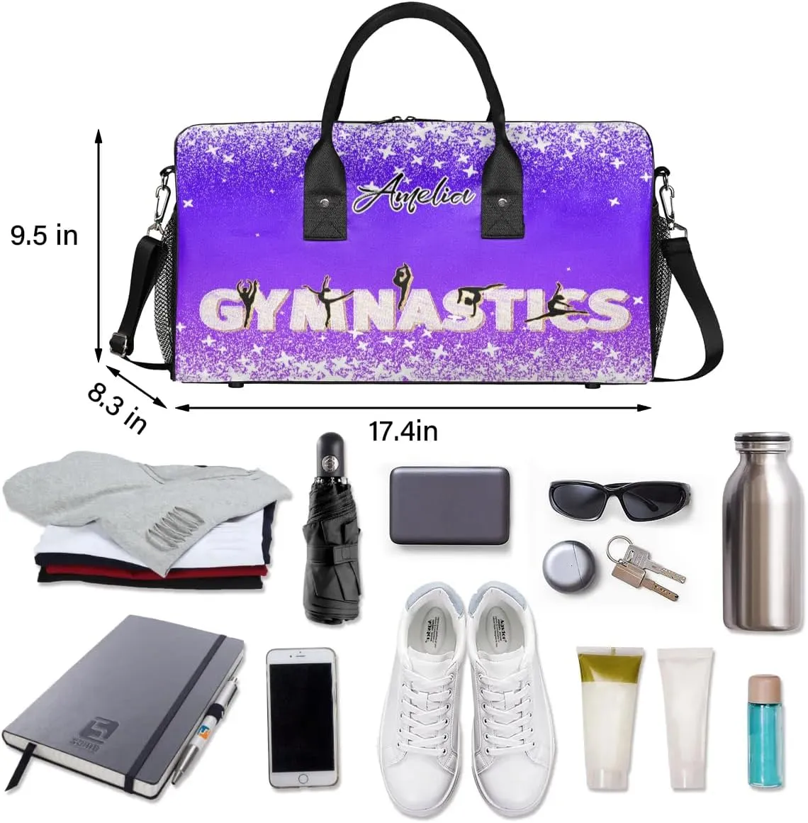 Personalized Gymnastics Bag Custom Sport Duffel Bag Large Gym Bag Gymnastics Gifts Overnight Weekender Travel Duffle Bag Indigo Purple Gradient