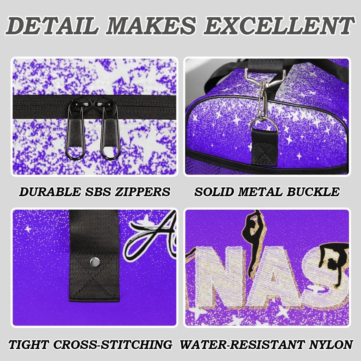 Personalized Gymnastics Bag Custom Sport Duffel Bag Large Gym Bag Gymnastics Gifts Overnight Weekender Travel Duffle Bag Indigo Purple Gradient