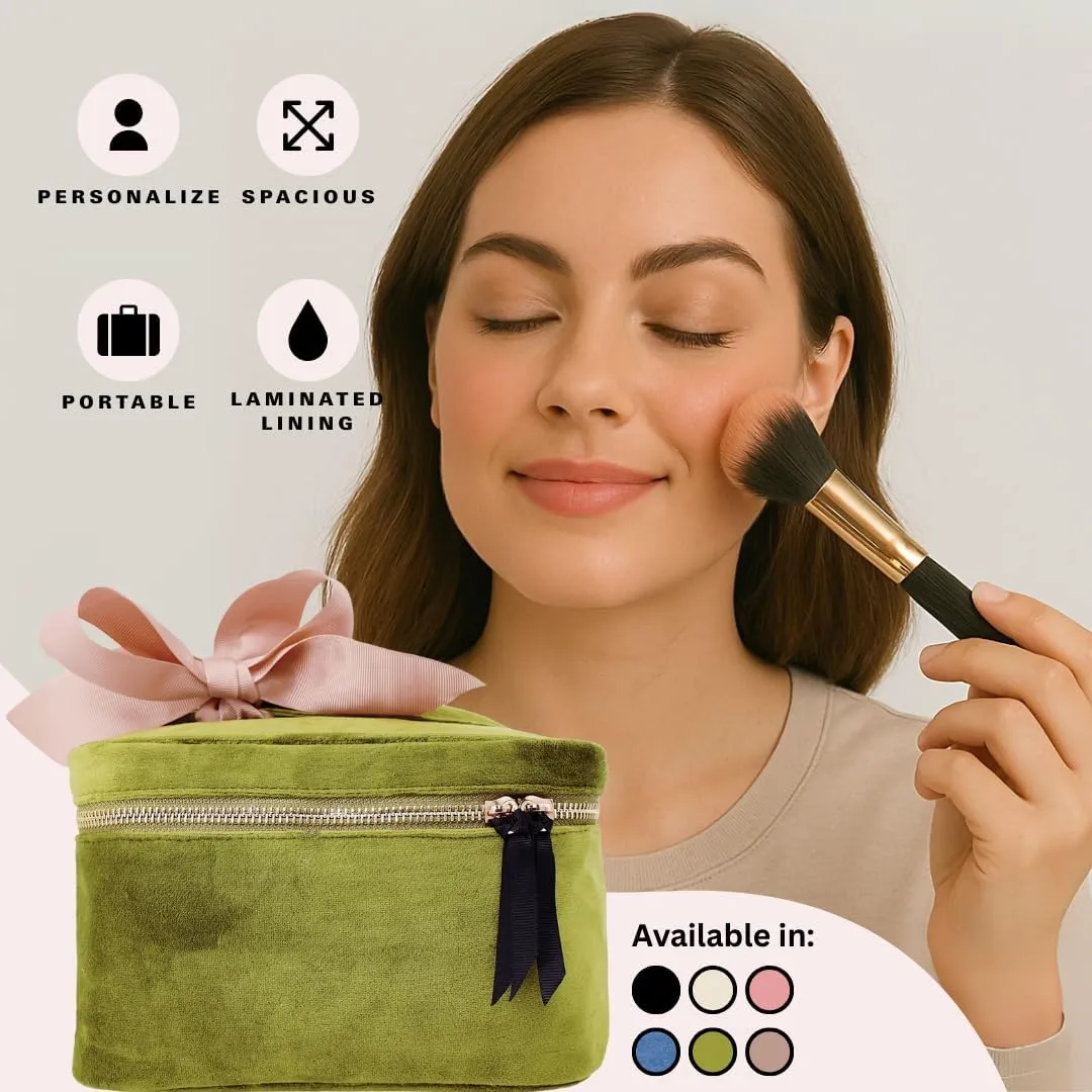 Personalized Makeup Bag for Women | Cosmetic Bag Organizer for Girls with Monogramming | Makeup Pouch for Traveling | Toiletry Bags for Women | Make Up Travel Pouches | Green Velvet