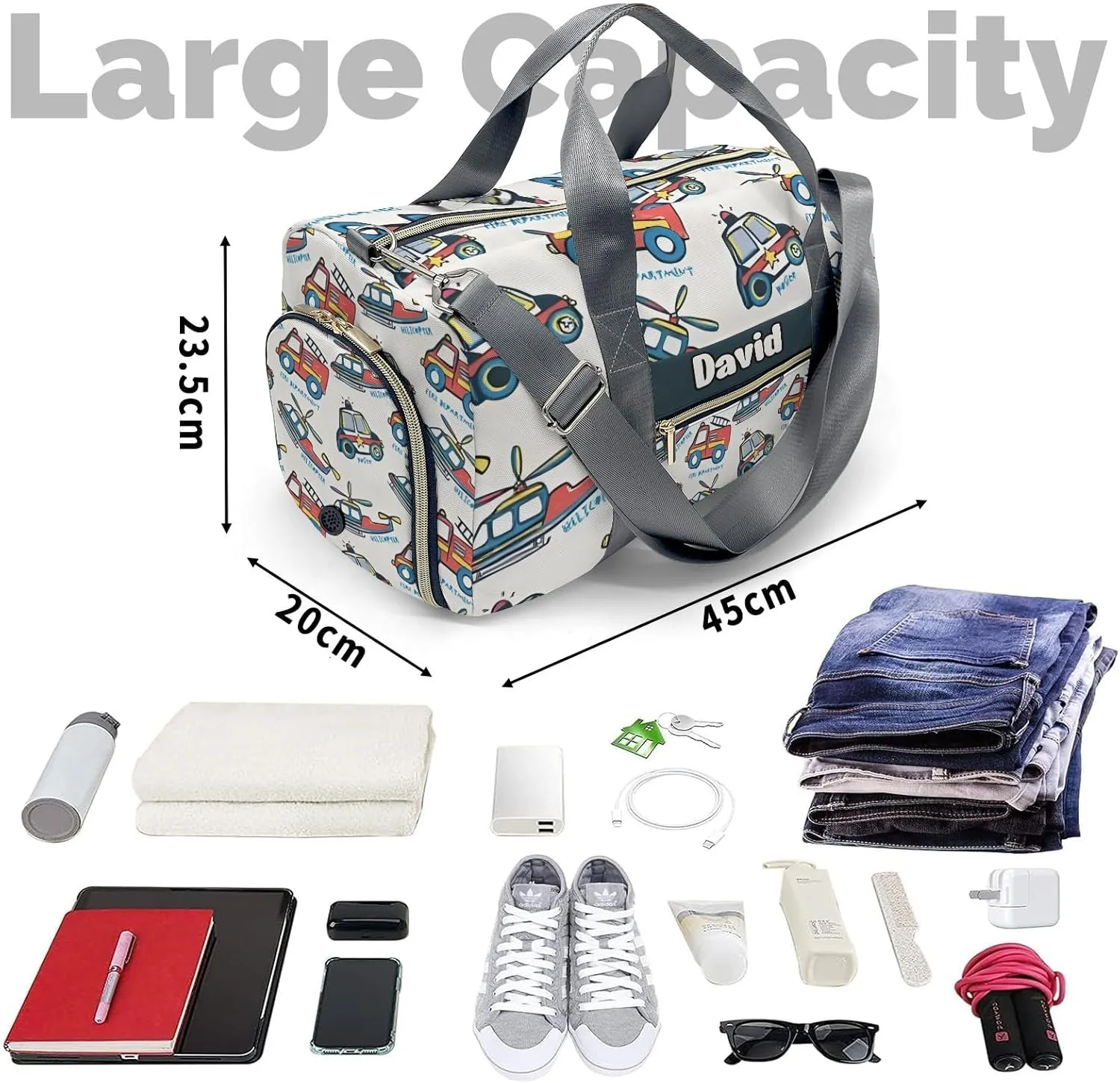 Personalized MultiFunction Helicopters Cartoon Fire Trucks Print Kids Duffel Swim Bag for Boys,Customized Swim Duffle Bag for Boys Man Kids Gifts