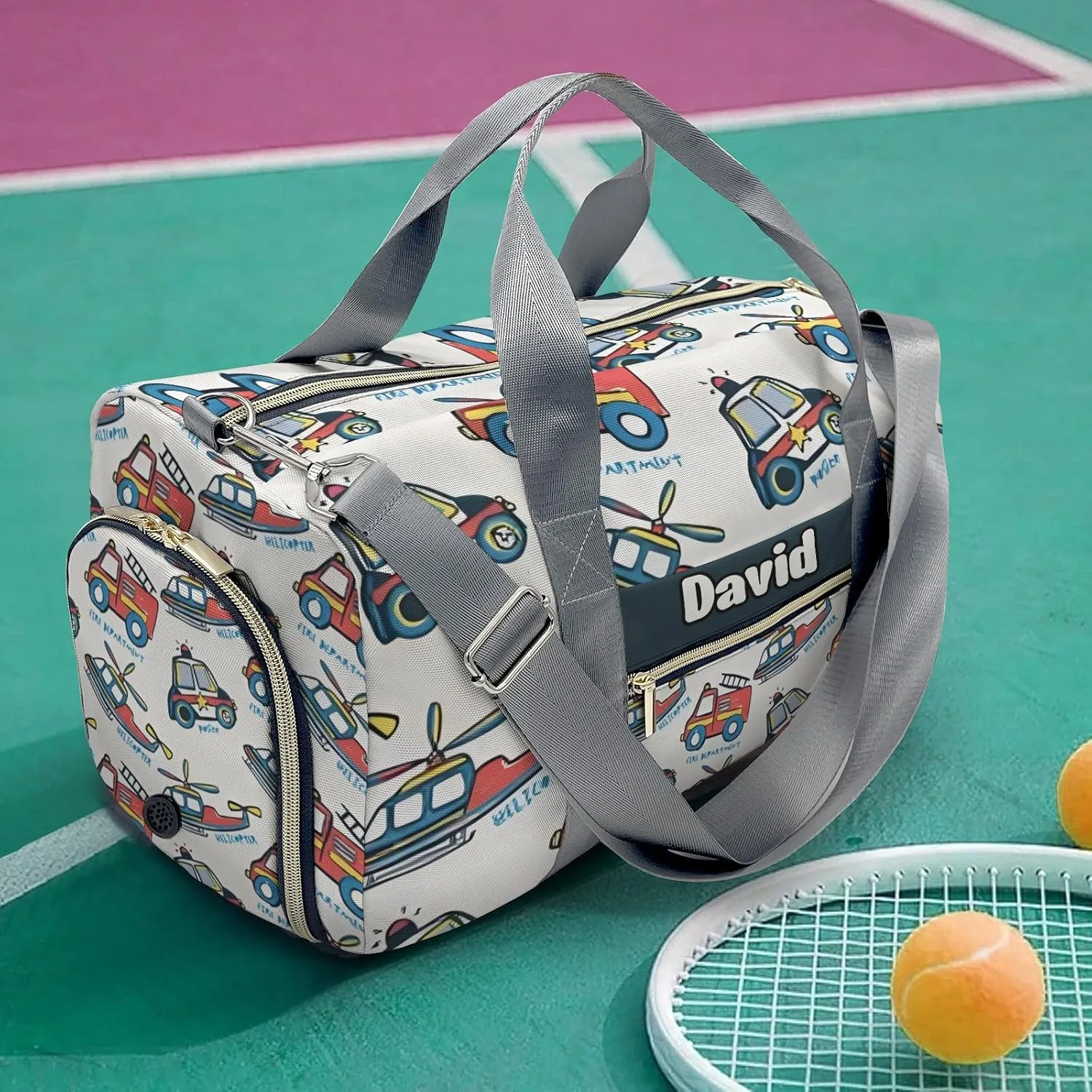 Personalized MultiFunction Helicopters Cartoon Fire Trucks Print Kids Duffel Swim Bag for Boys,Customized Swim Duffle Bag for Boys Man Kids Gifts