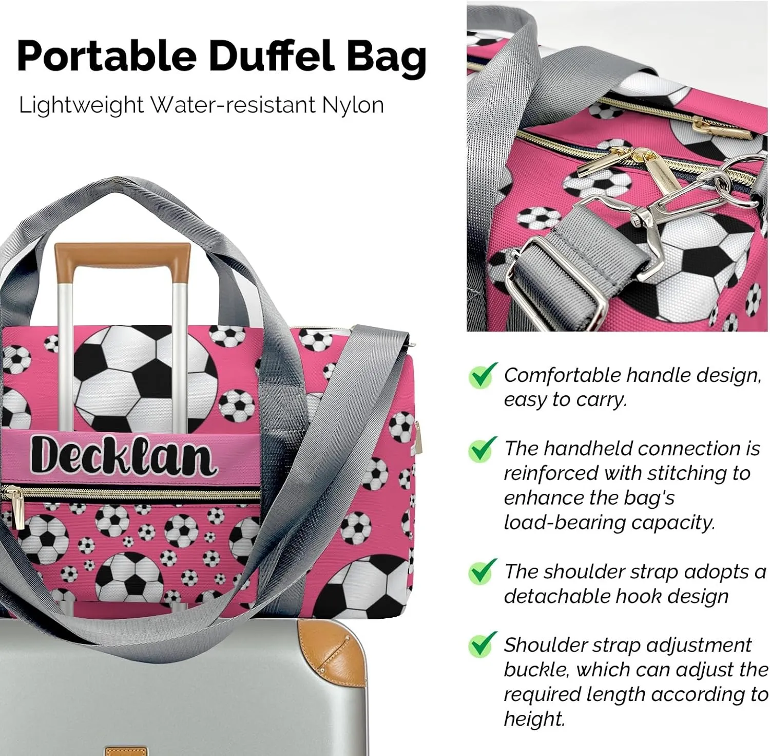 Personalized MultiFunction Sport Soccer Balls Pink Sport Dance Bag,Custom Duffle Bag Gym Bag Customized Travel Duffel Bag with Name or Text