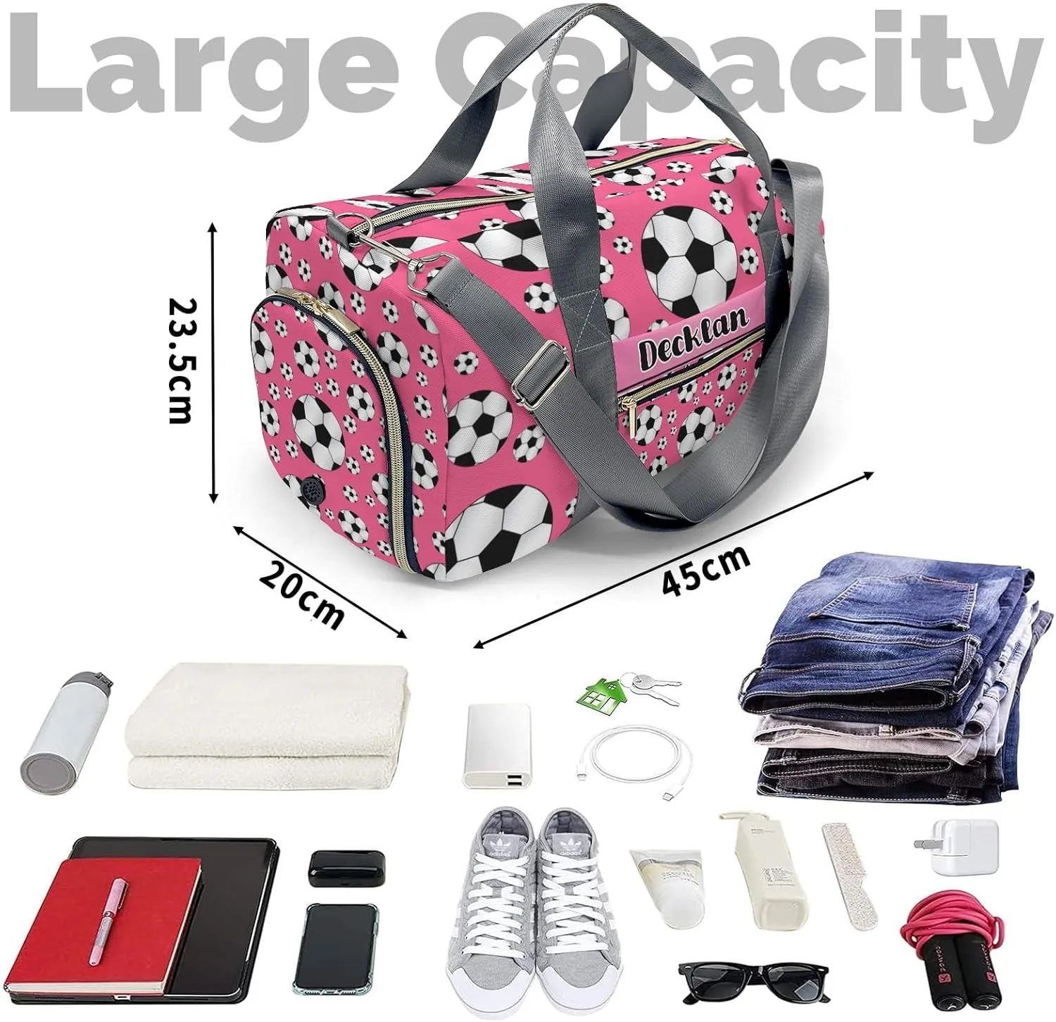 Personalized MultiFunction Sport Soccer Balls Pink Sport Dance Bag,Custom Duffle Bag Gym Bag Customized Travel Duffel Bag with Name or Text
