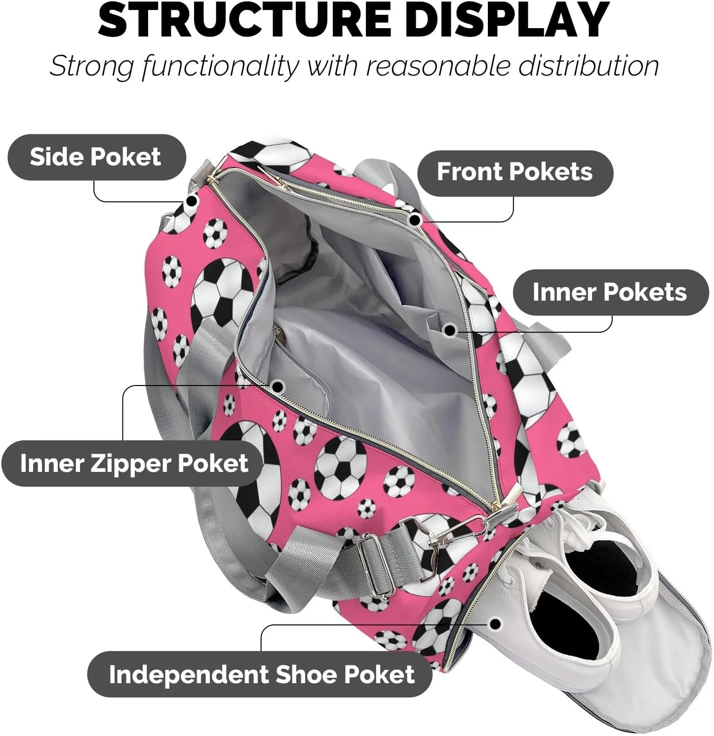 Personalized MultiFunction Sport Soccer Balls Pink Sport Dance Bag,Custom Duffle Bag Gym Bag Customized Travel Duffel Bag with Name or Text