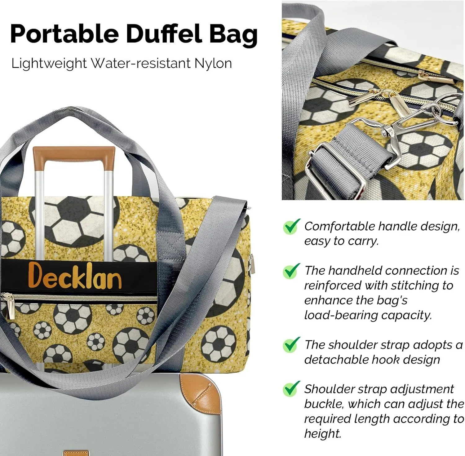 Personalized Sport Dance Bag,Gold Gliiter Print Sport Ball Soccer Custom Duffle Bag Gym Bag Customized Travel Duffel Bag with Name or Text