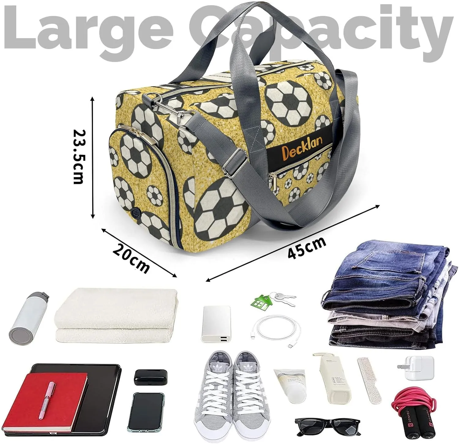 Personalized Sport Dance Bag,Gold Gliiter Print Sport Ball Soccer Custom Duffle Bag Gym Bag Customized Travel Duffel Bag with Name or Text