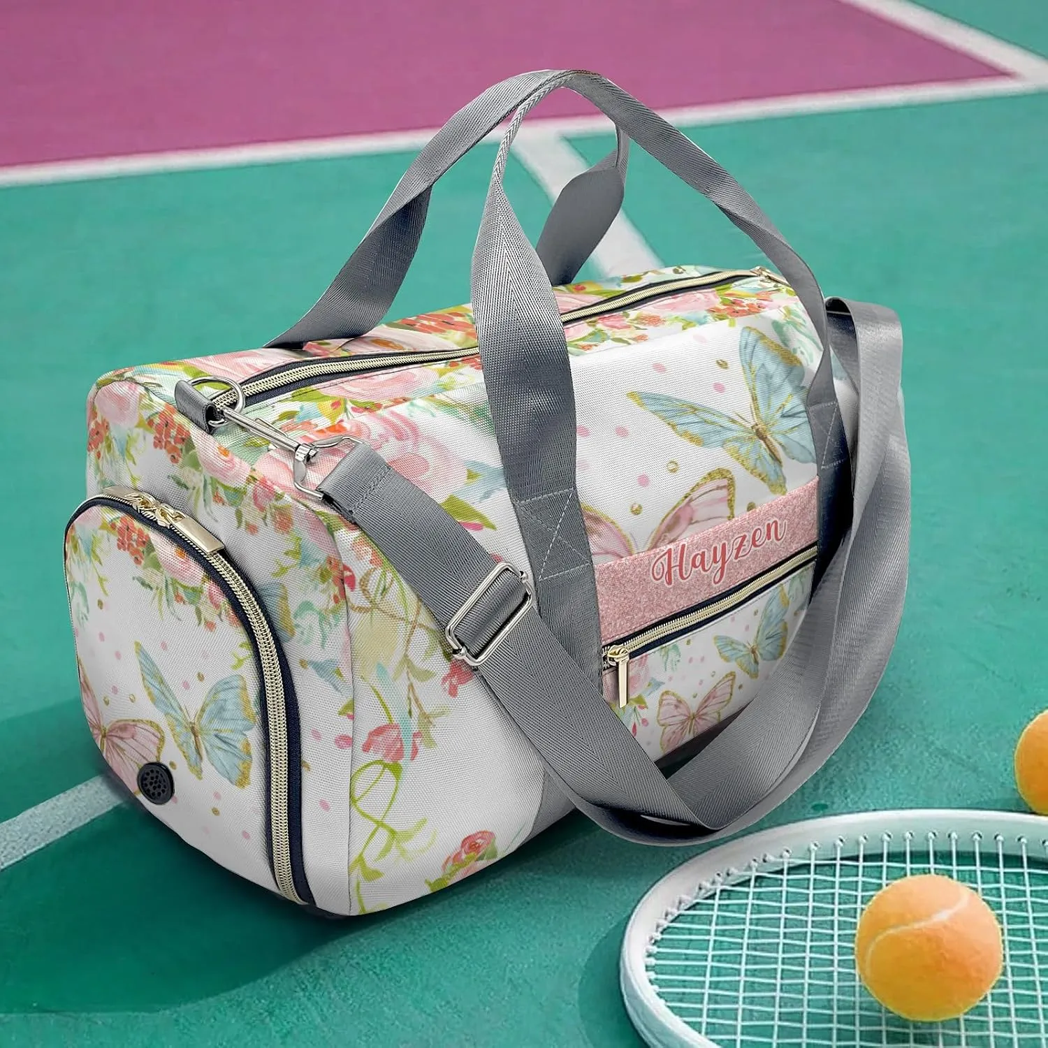Personalized Sweet Floral Butterfly Dance Bag Girls Yoga Bag Dance Bag With Name,Patch Travel Duffel Bag Women Cheerleader Bag Sport Duffle Bag for Gym Ballet
