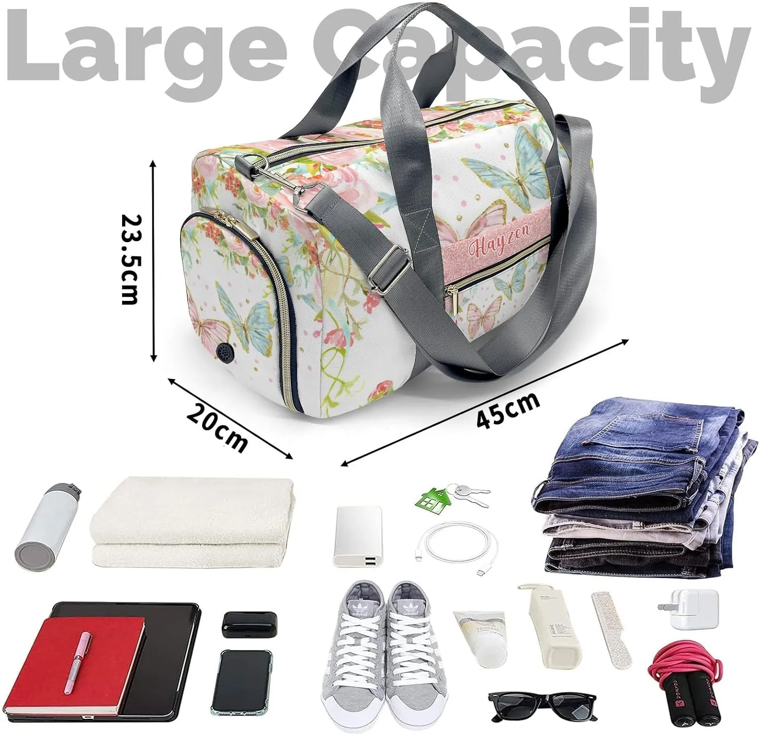 Personalized Sweet Floral Butterfly Dance Bag Girls Yoga Bag Dance Bag With Name,Patch Travel Duffel Bag Women Cheerleader Bag Sport Duffle Bag for Gym Ballet