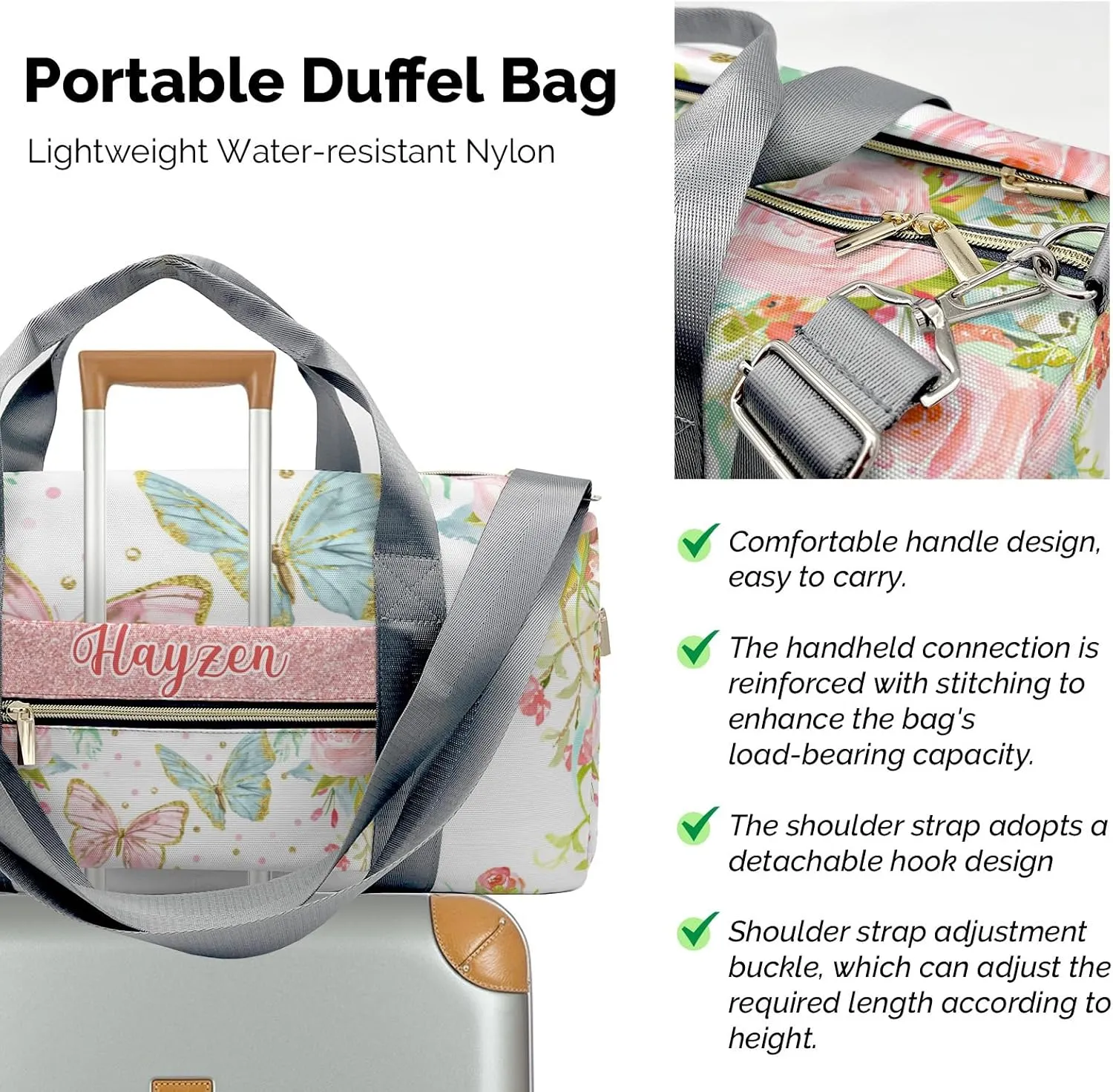 Personalized Sweet Floral Butterfly Dance Bag Girls Yoga Bag Dance Bag With Name,Patch Travel Duffel Bag Women Cheerleader Bag Sport Duffle Bag for Gym Ballet