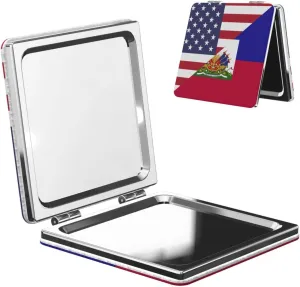 Peynir American and Haiti Flag Women Handheld Makeup Mirror Portable Compact Mirror Folding Mini Cosmetic Mirror