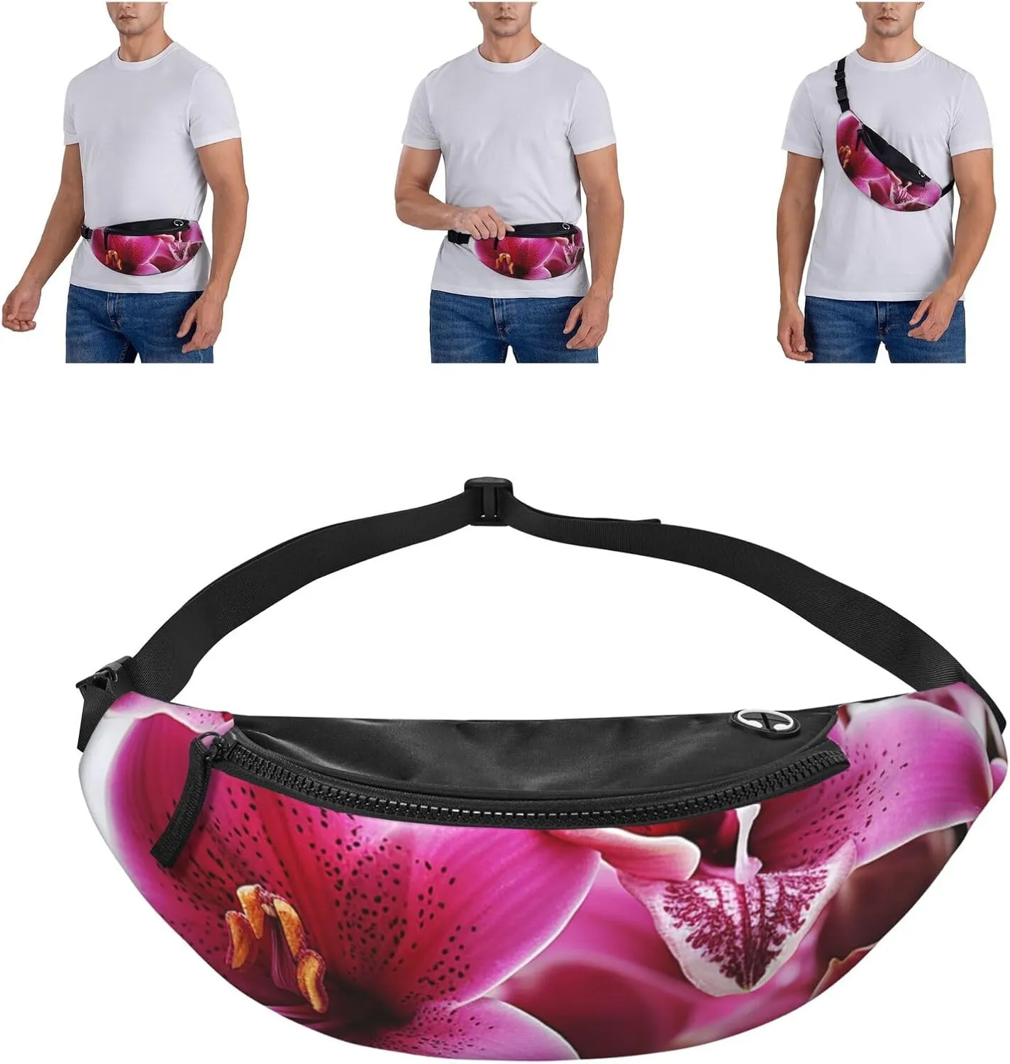 Pink Lily Flowers Fanny Pack for Man Women Waist Bag Adjustable Belt Casual Chest Bag Bum Bags for Travel Sports Running Hiking Waist Packs